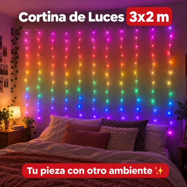 Cortina de luces LED multicolor 3x2 m encendida detrás de una cama
