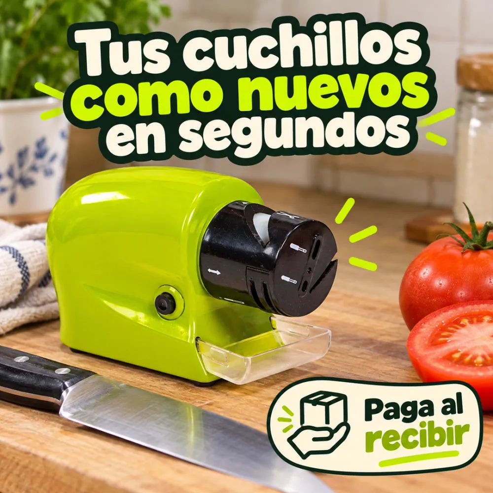 Mini afilador eléctrico verde sobre el mesón junto a un cuchillo y tomates