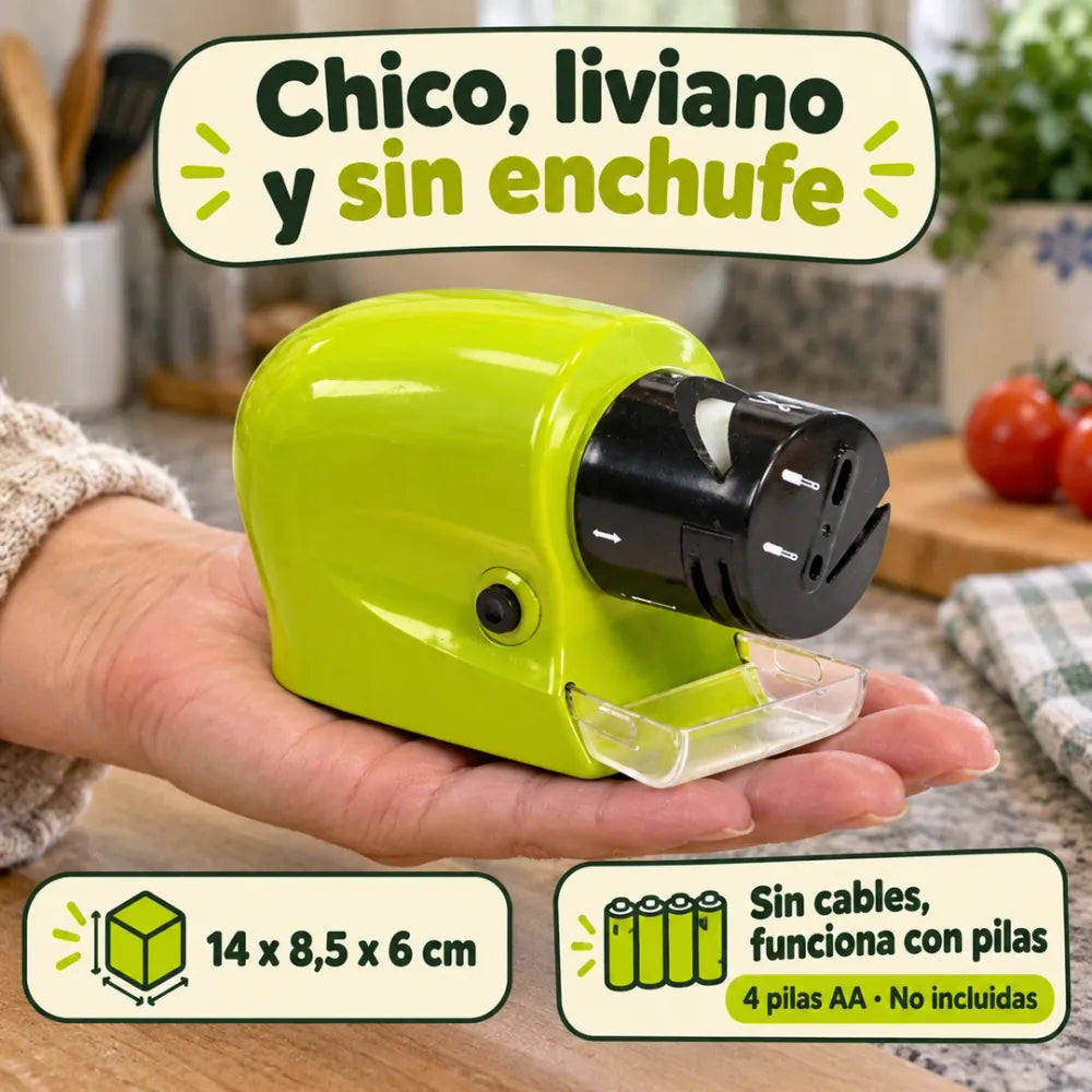 Afilador eléctrico en la mano: 14 x 8,5 x 6 cm, sin cables, funciona con pilas