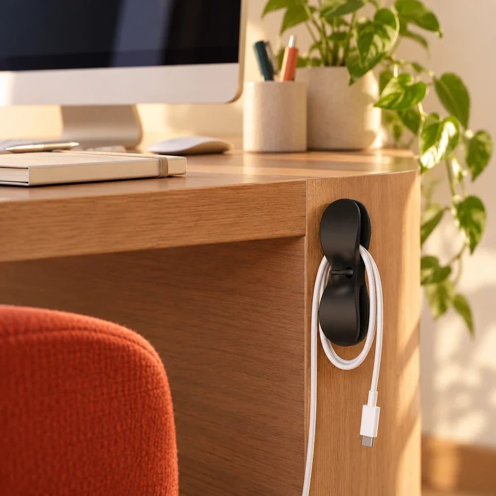 Organizador de cables en uso en escritorio