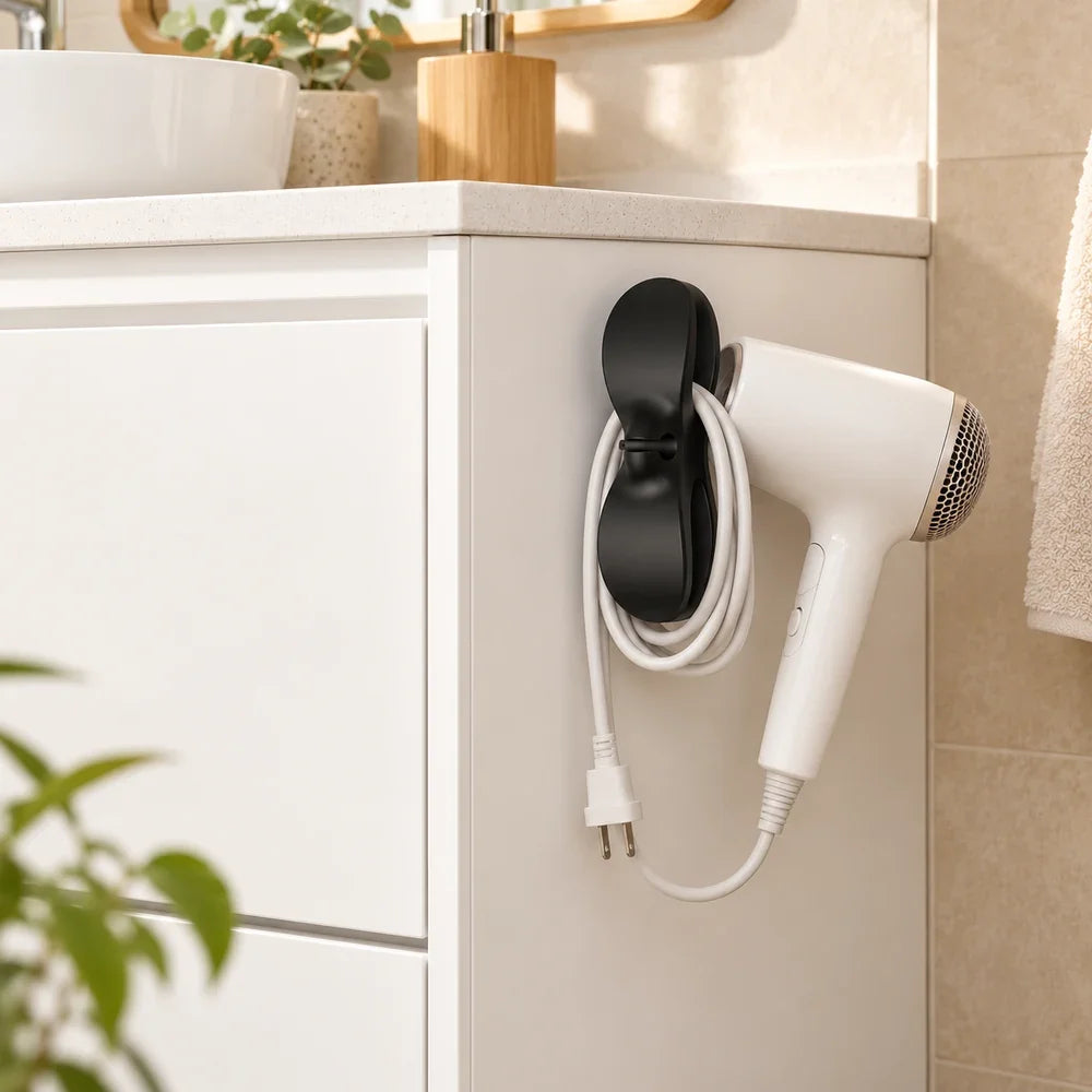 Organizador de cables en uso en baño