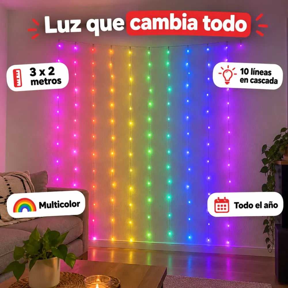 Beneficios de la cortina de luces: 3x2 m, 10 líneas en cascada, multicolor, se enchufa