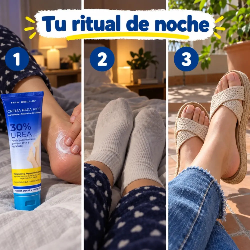 Ritual de noche con la crema 30% urea en 3 pasos: crema, calcetines y sandalias