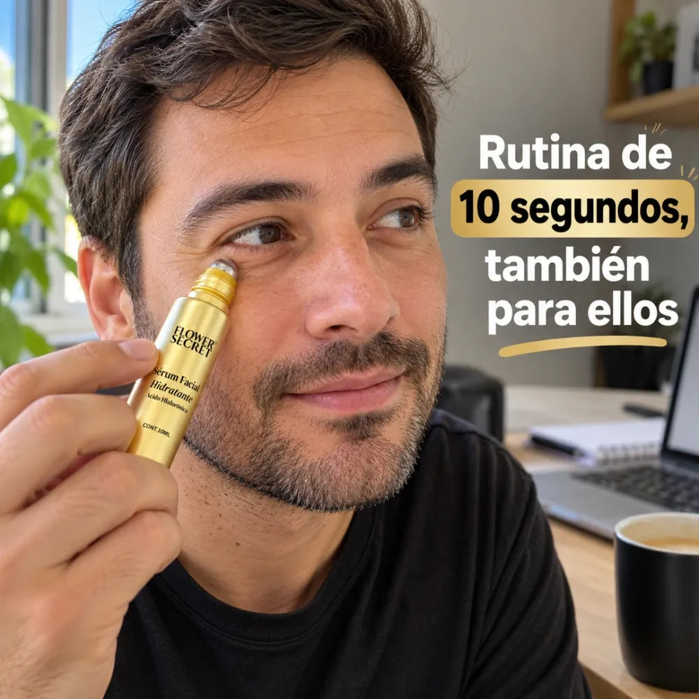 Hombre usando el roll-on dorado bajo el ojo